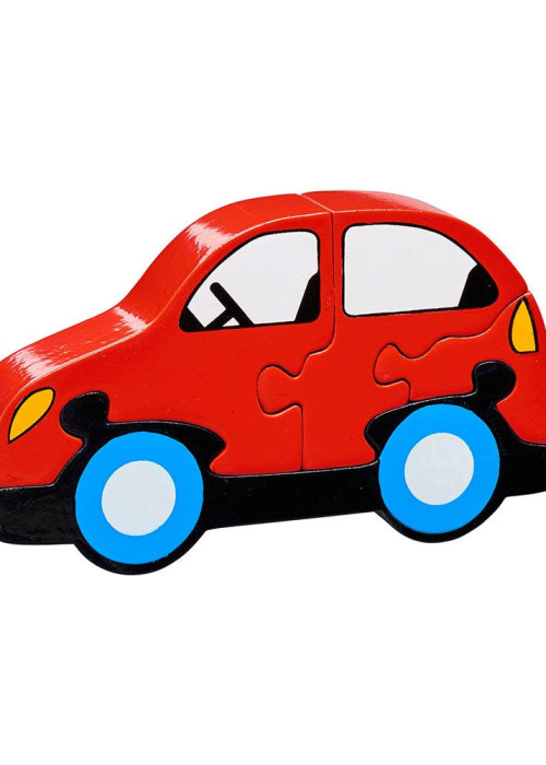 a red puzzle car with blue wheels