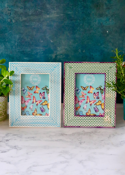 two frames with butterflies and plants in pots