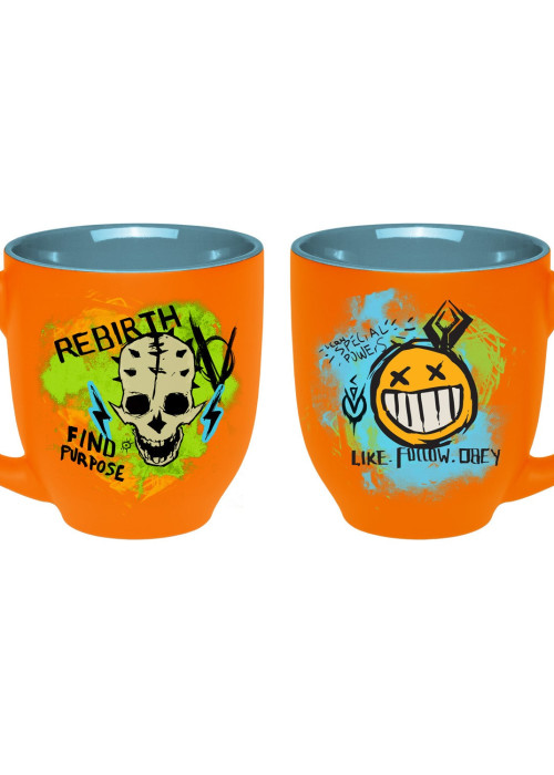 two orange mugs with drawings on them