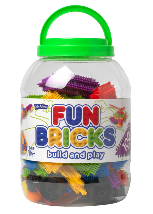 a plastic jar of colorful building blocks