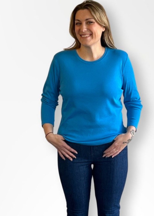 a woman in blue shirt