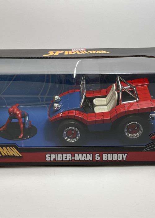 a toy car and figurine in a box