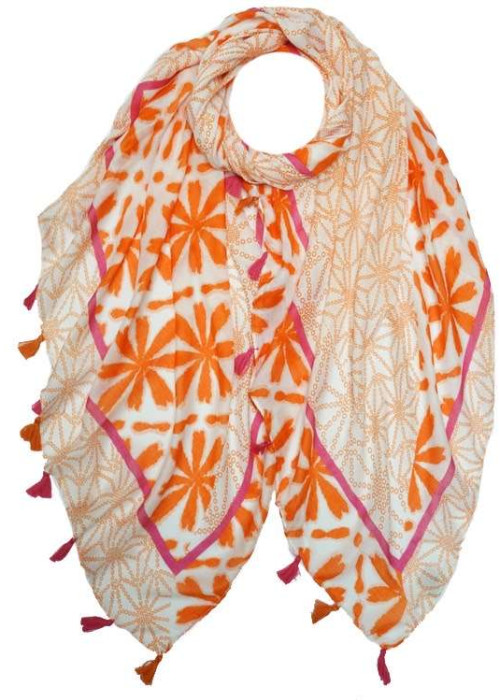 a scarf with orange and pink design