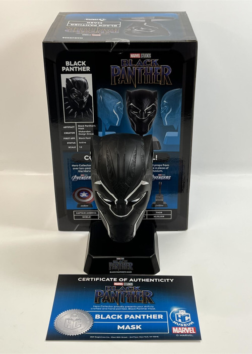 a black panther head with a blue and white card