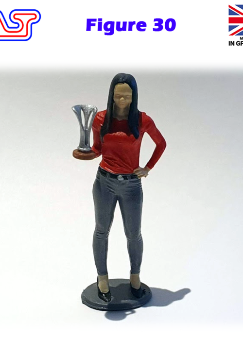 a toy figure of a woman holding a trophy