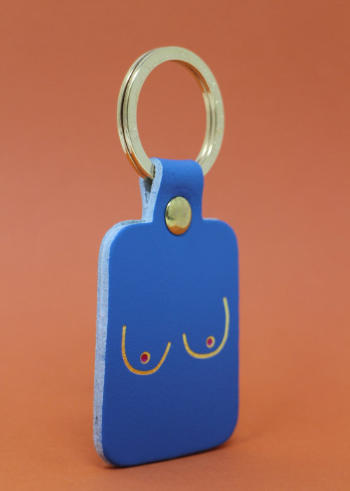 a blue key chain with a gold ring