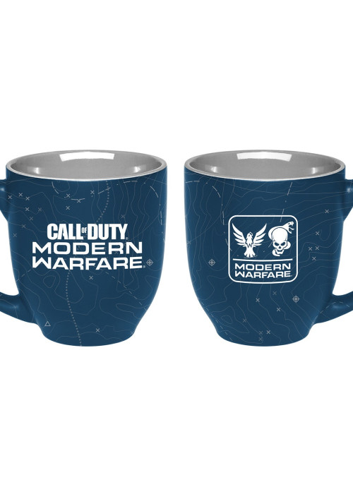 two blue mugs with white text