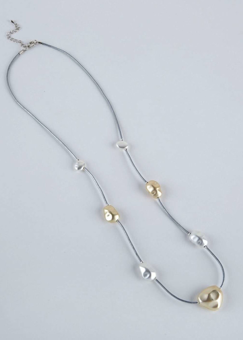 a necklace with gold and silver beads