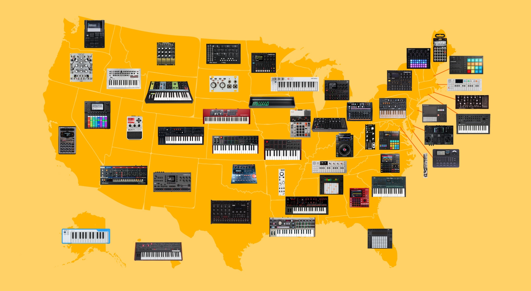 US map with best-selling electronic gear on top of each state