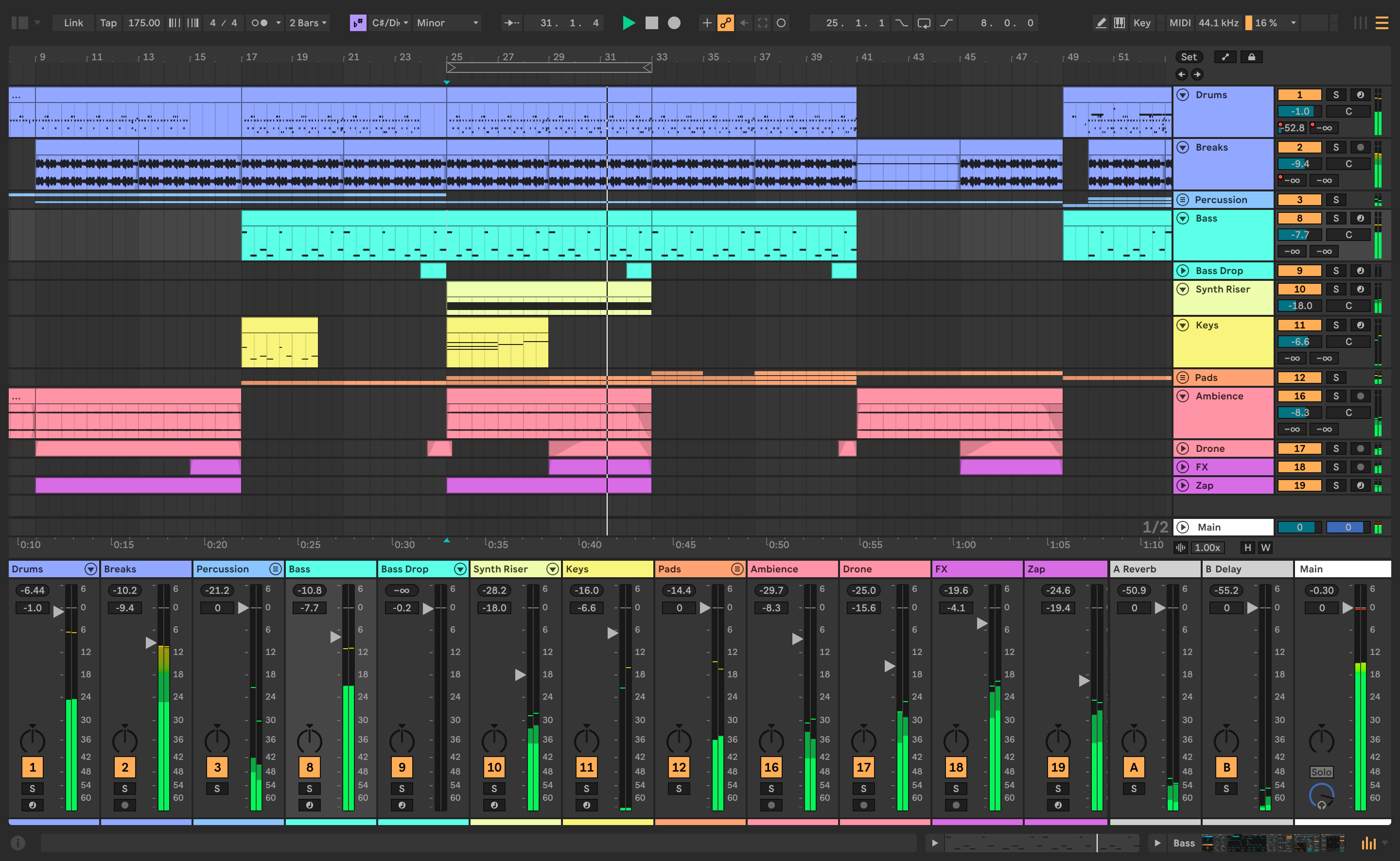 A Live 12 screenshot showing the new Mixer in Arrangement view.