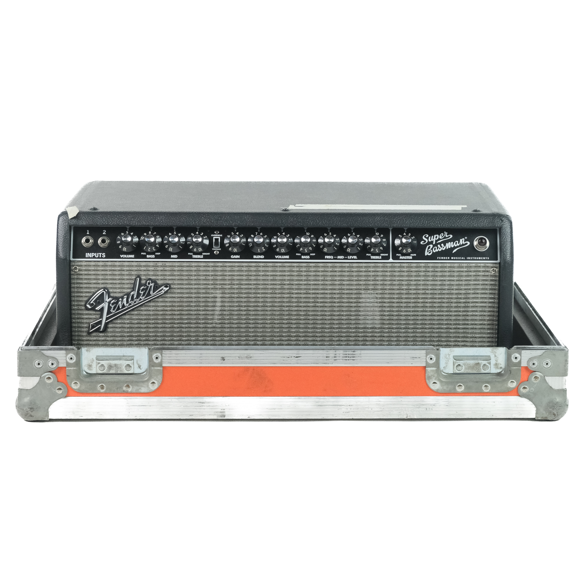 Fender Super Bassman amp head sitting in road case.