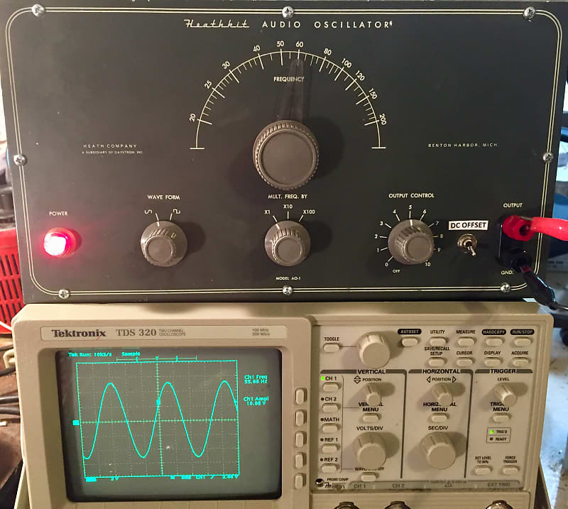 Heathkit AO-1 Audio Oscillator on top of a Tektronix Oscilloscope