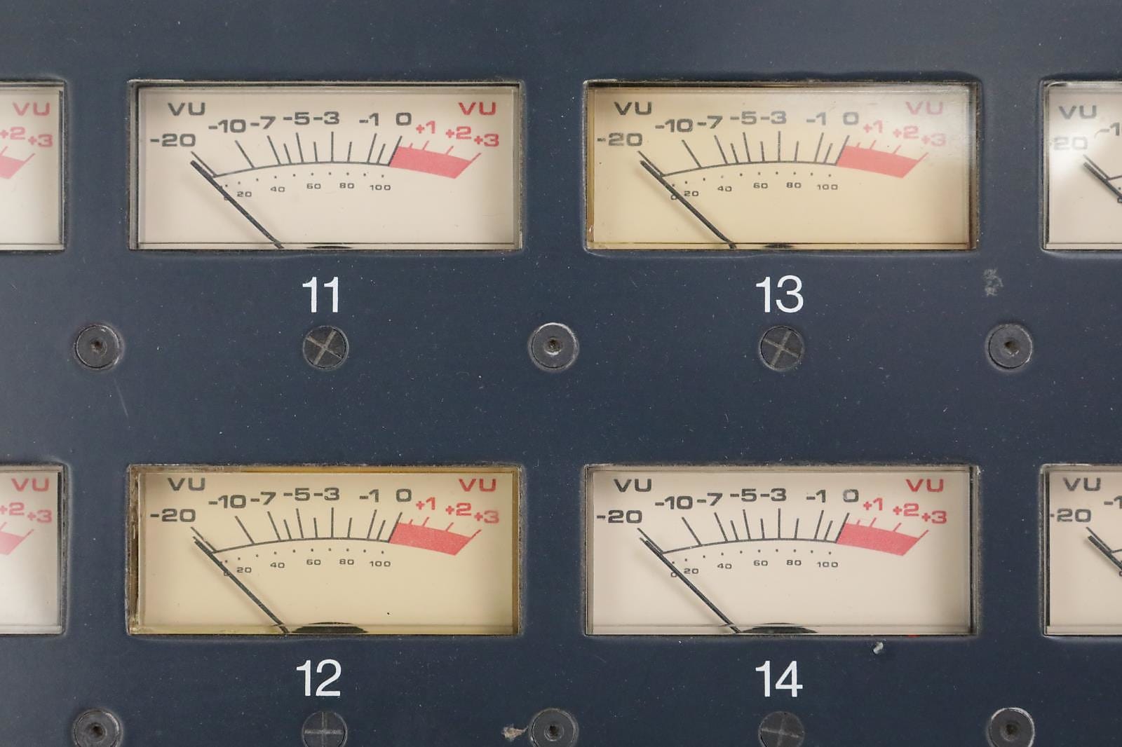 Close-up shot of the Neve 8014 VU meters.