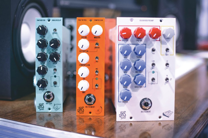 JHS rack units: Panther Cub Analog Delay, Pulp 'N' Peel Compressor, Colour Box Preamp