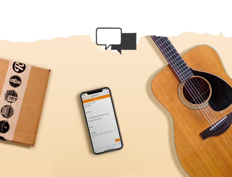 Image of guitar, a smartphone, and a shipping box