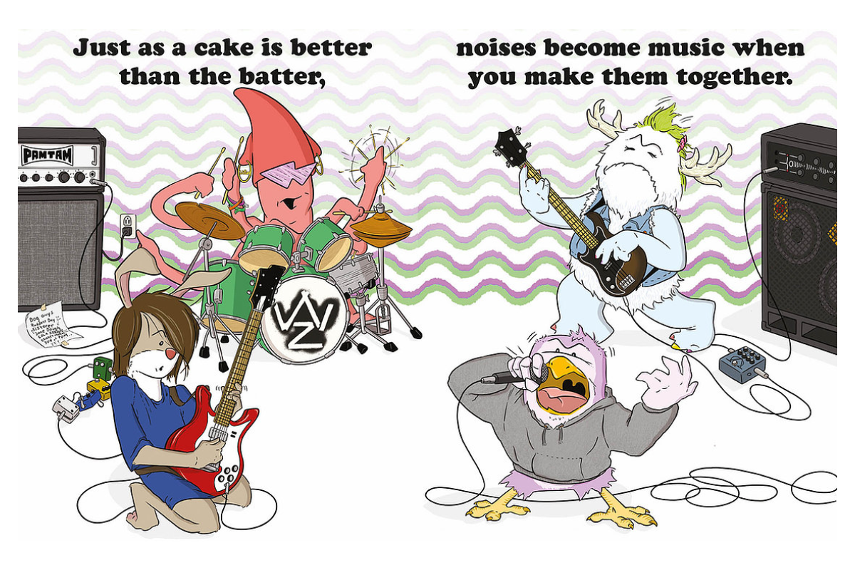 An illustration of a cartoon band of animals