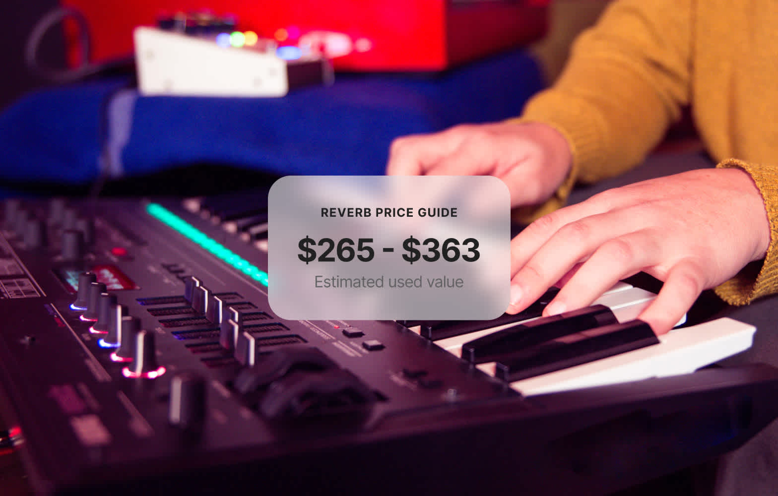 Reverb Price Guide showing the average used value for a Korg Opsix between $265 and $363