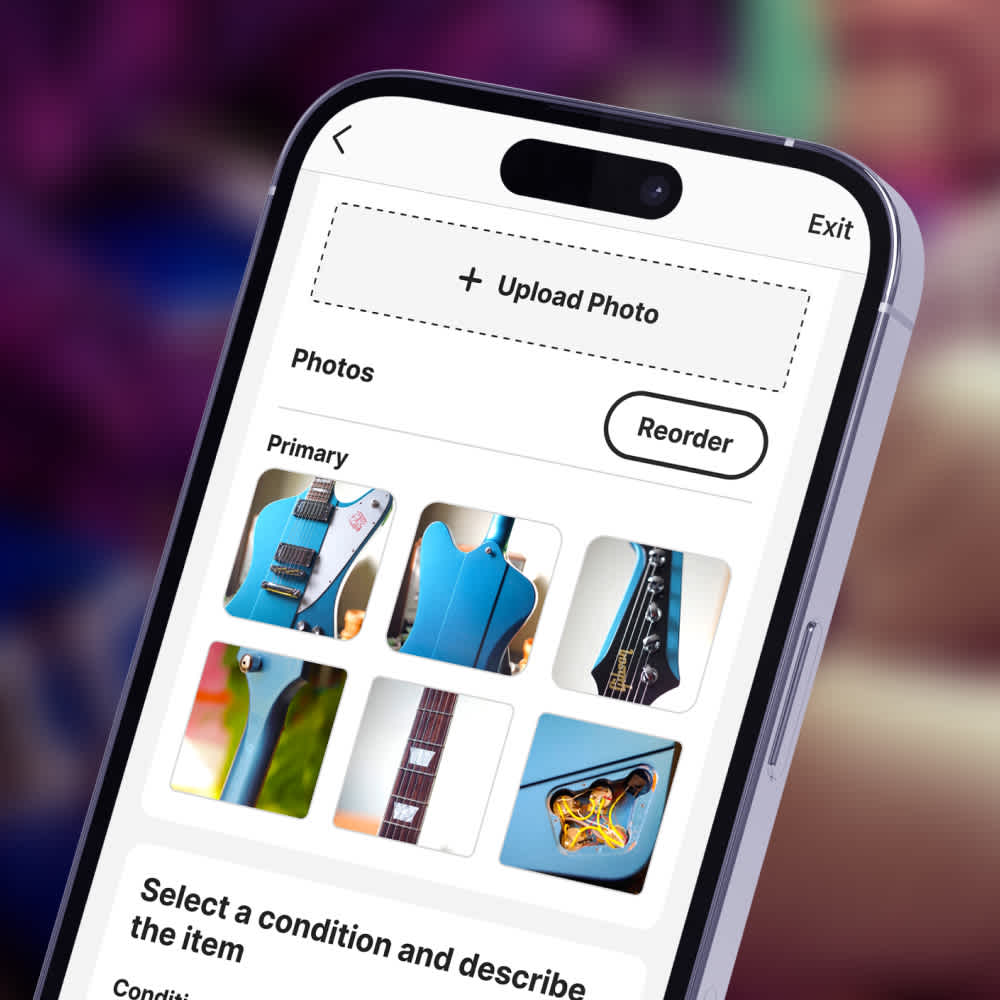 Reverb app sell form showing multiple photos of a Gibson guitar from different angles
