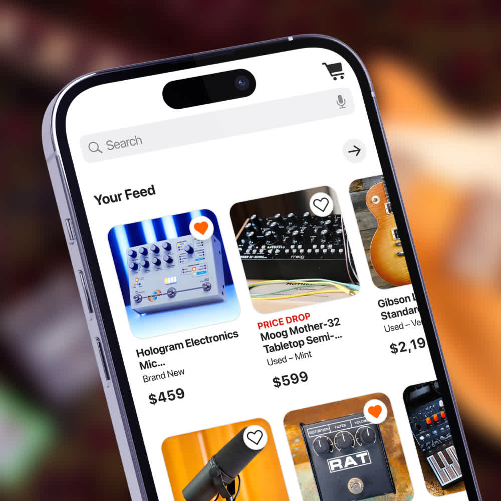 Reverb mobile app home screen showing music gear