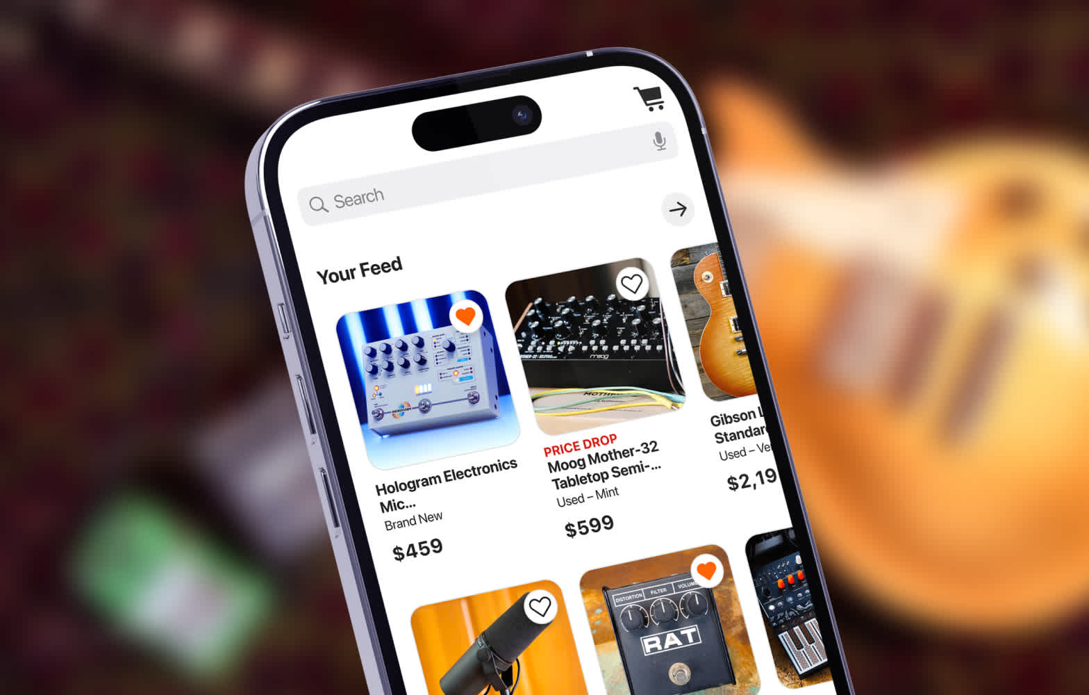 Reverb mobile app home screen showing music gear