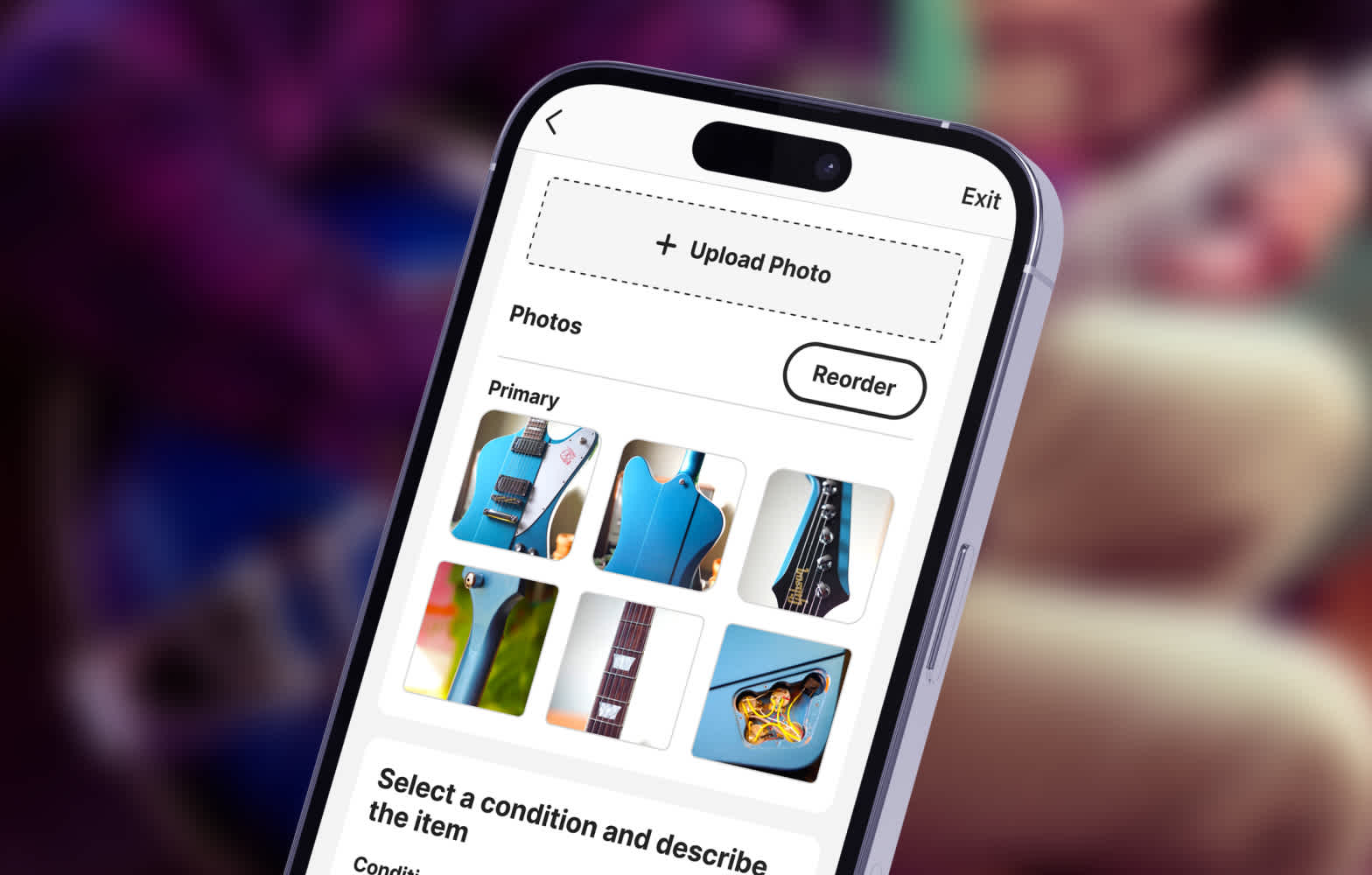 Reverb app sell form showing multiple photos of a Gibson guitar from different angles