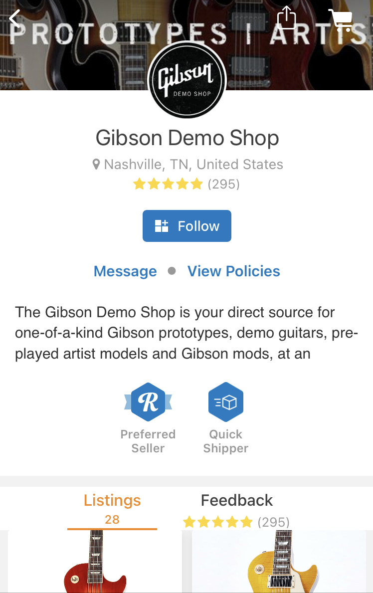 The Gibson Demo Shop page in the Reverb app