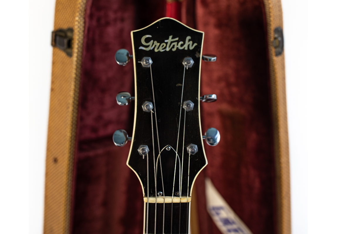 1953 Gretsch Sparkle Jet's script logo headstock