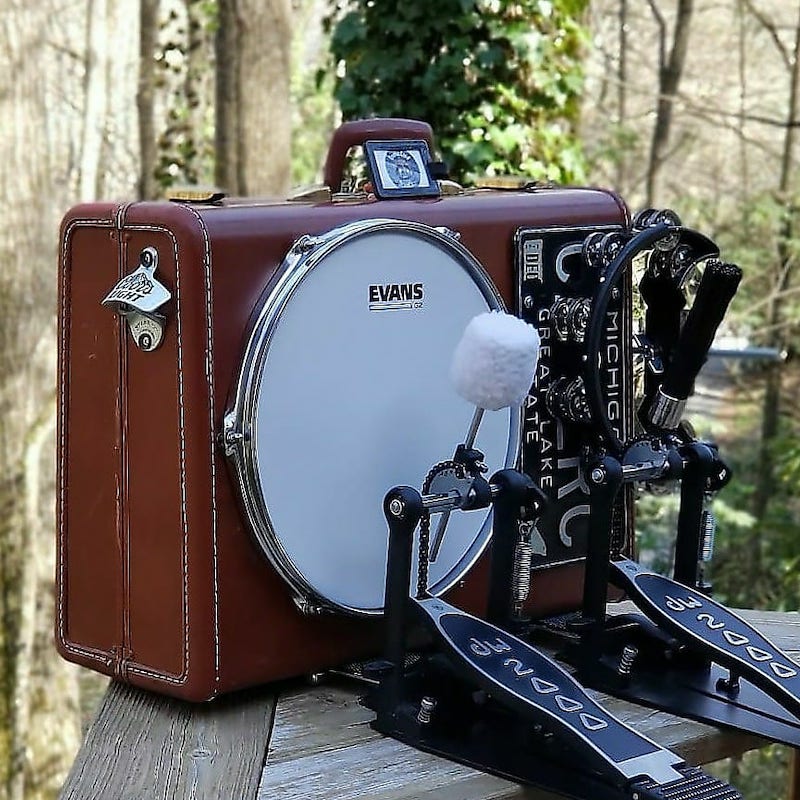 suitcase kick drum with ludwig kick and tambourine