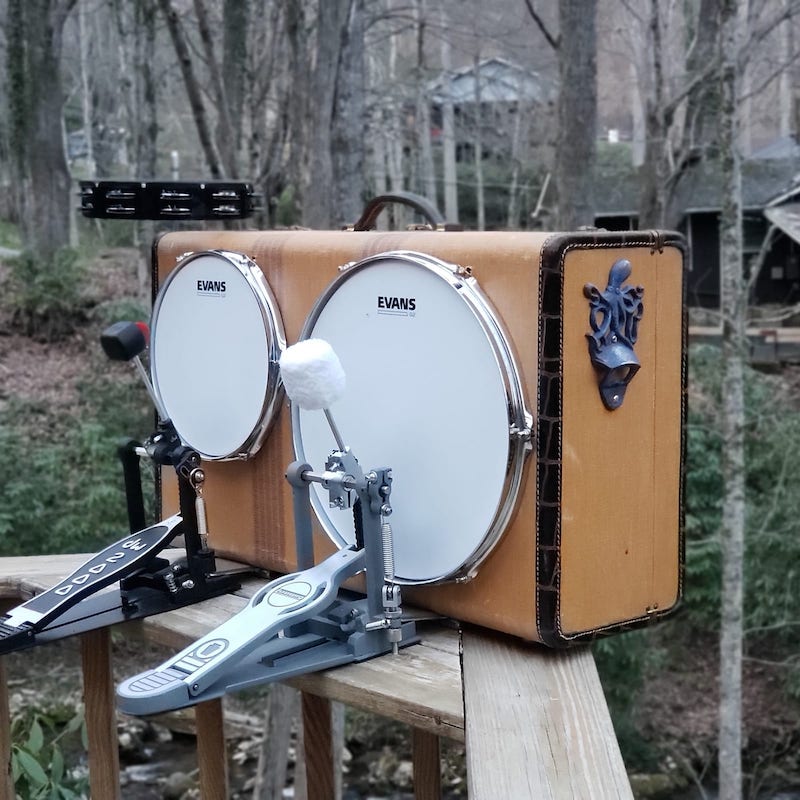 vintage suitcase kick drum with a bass drum and snare