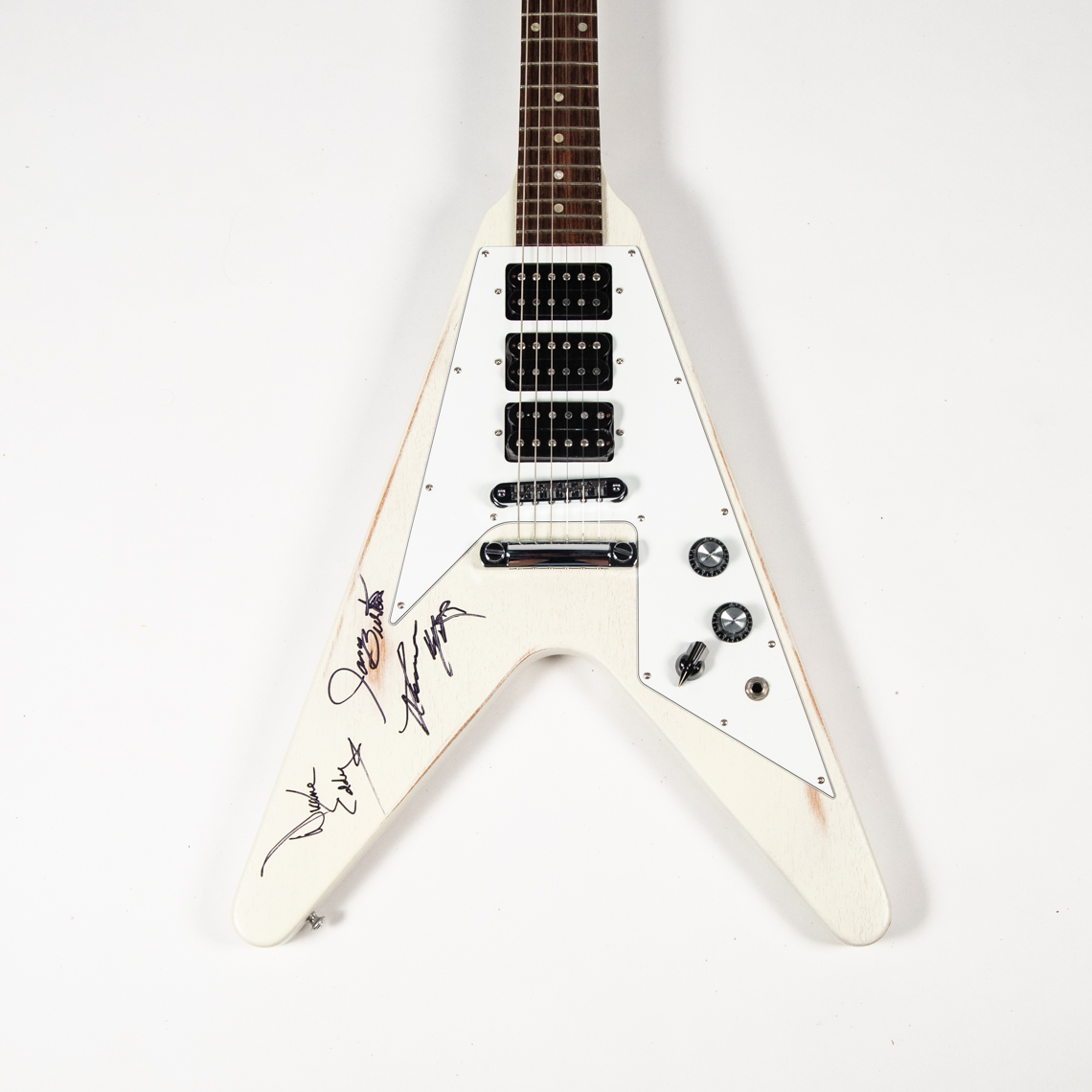 Another Flying V autographed by Inductees Duane Eddy and James Burton, along with rockabilly legend Lonnie Mack