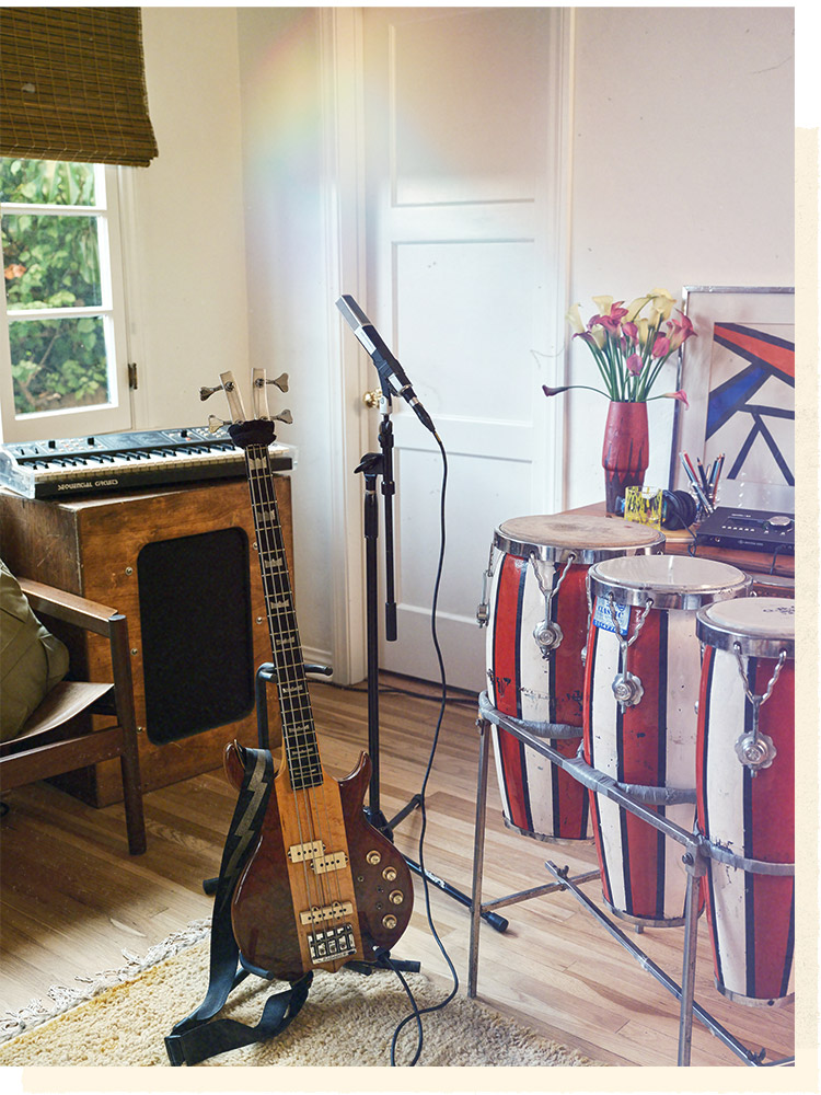 Este's Kramer DMZ 6000, Sennheiser MD441U, and the set of Italian congas.