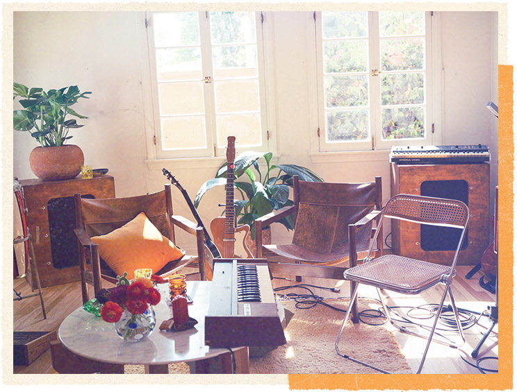 The Altec-Lansing 604Es flank the room, with Korg MicroKORG, Silvertone U-1, and other instruments.