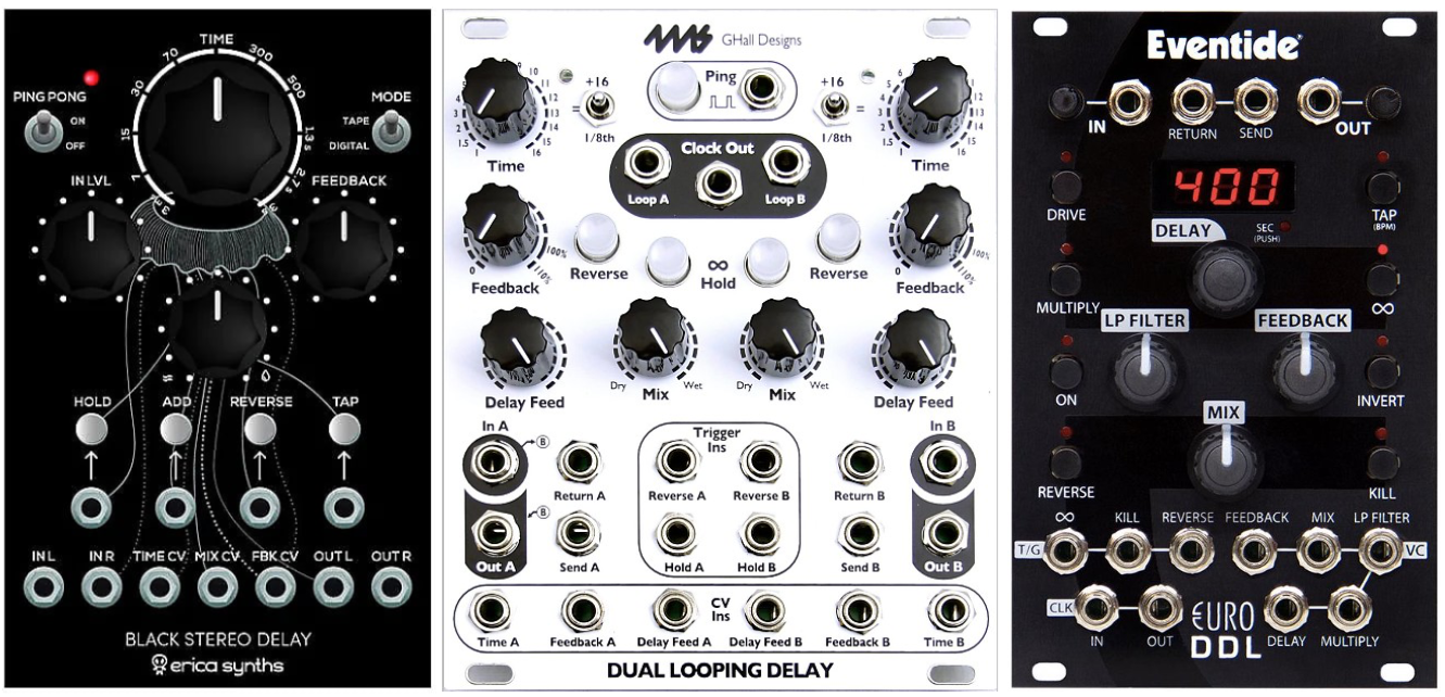 A selection of delay modules from Erica Synths, 4ms, and Eventide