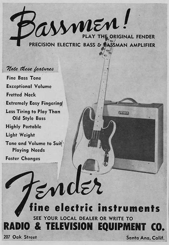 Fender ad from 1953 featuring P-bass and bassman amp