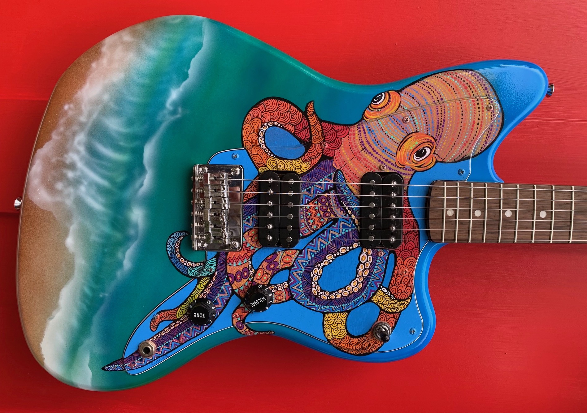 Custom Guitar Jazzmaster offset, Hand Painted Ocean with Octopus and Sea Turtle