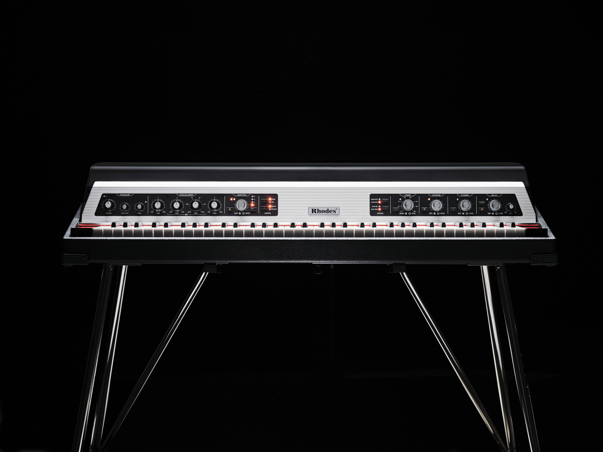 A Rhodes MK8 FX with silver front panel and a silver stand