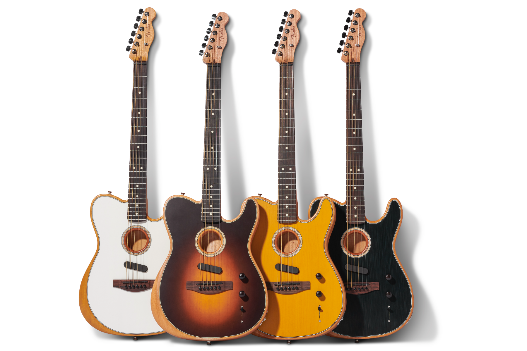 The Acoustasonic Player Telecasters in Arctic White, Shadow Burst, Butterscotch Blonde, and Brushed Black