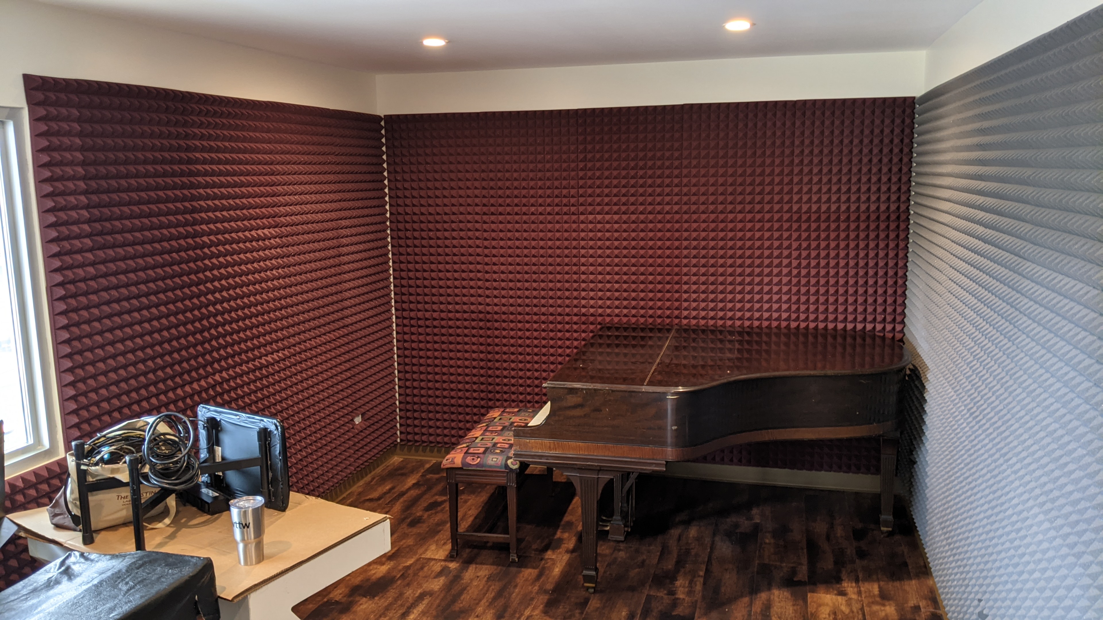 The work-in-progress studio with one of its first donated instruments.