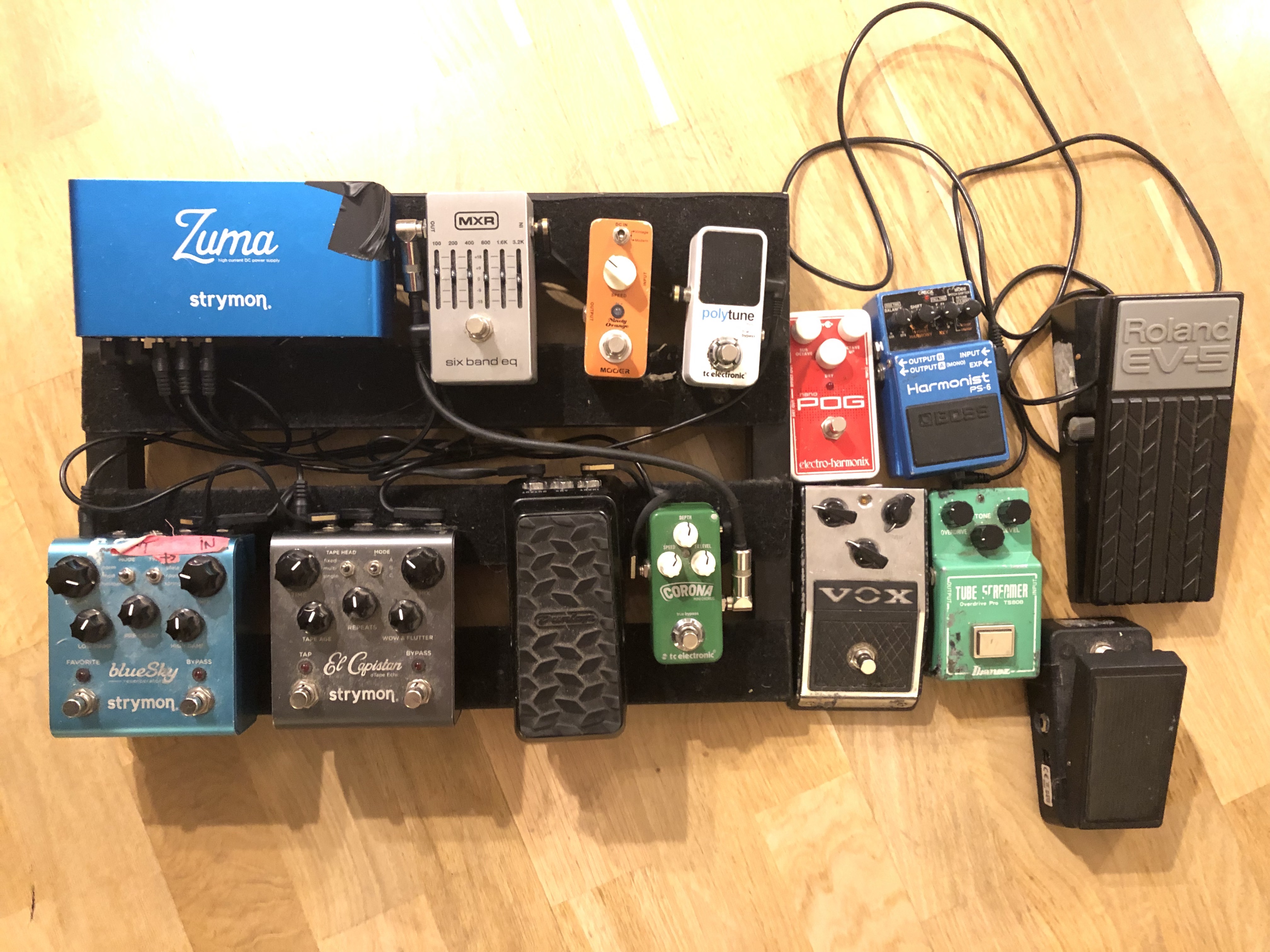 Dawda's pedalboard features a Strymon BlueSky and El Capitan, an MXR 6-Band EQ, and others.