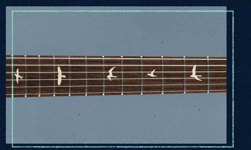 Closeup of PRS SE Silver Sky neck inlays