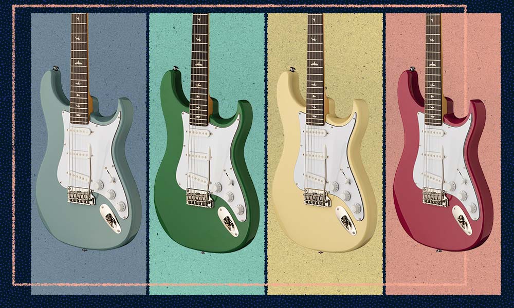 PRS SE Silver Sky Guitars in Stone Blue, Ever Green, Moon White, and Dragon Fruit