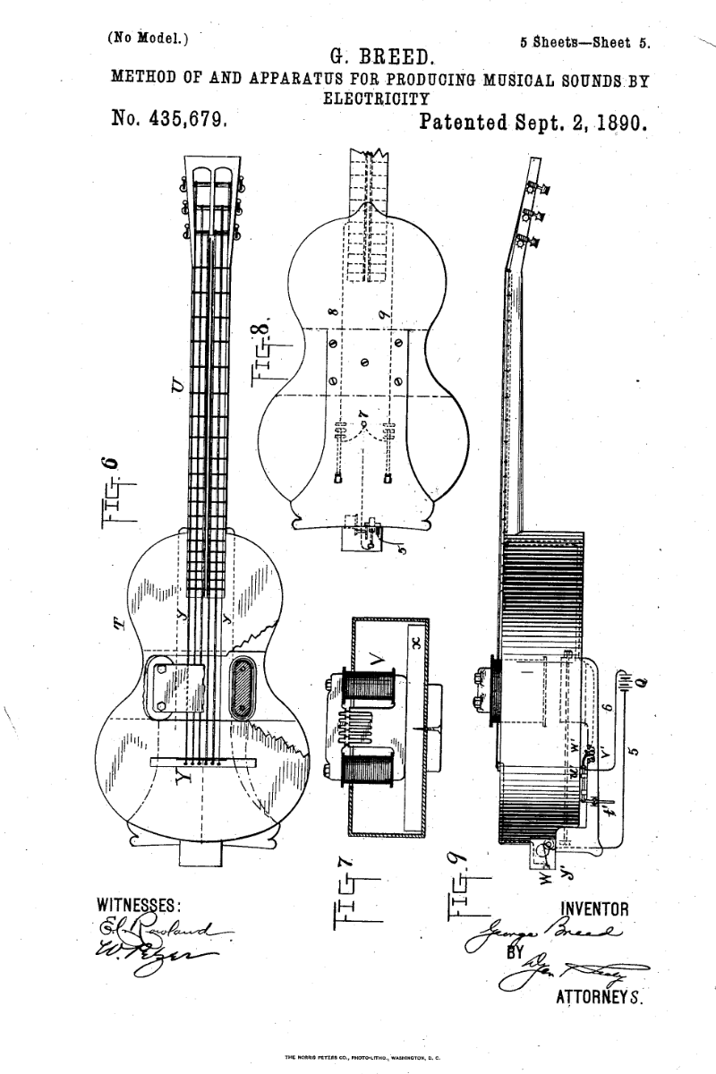 George Breed's 1890 patent for an electrical device similar in look to a guitar pickup.