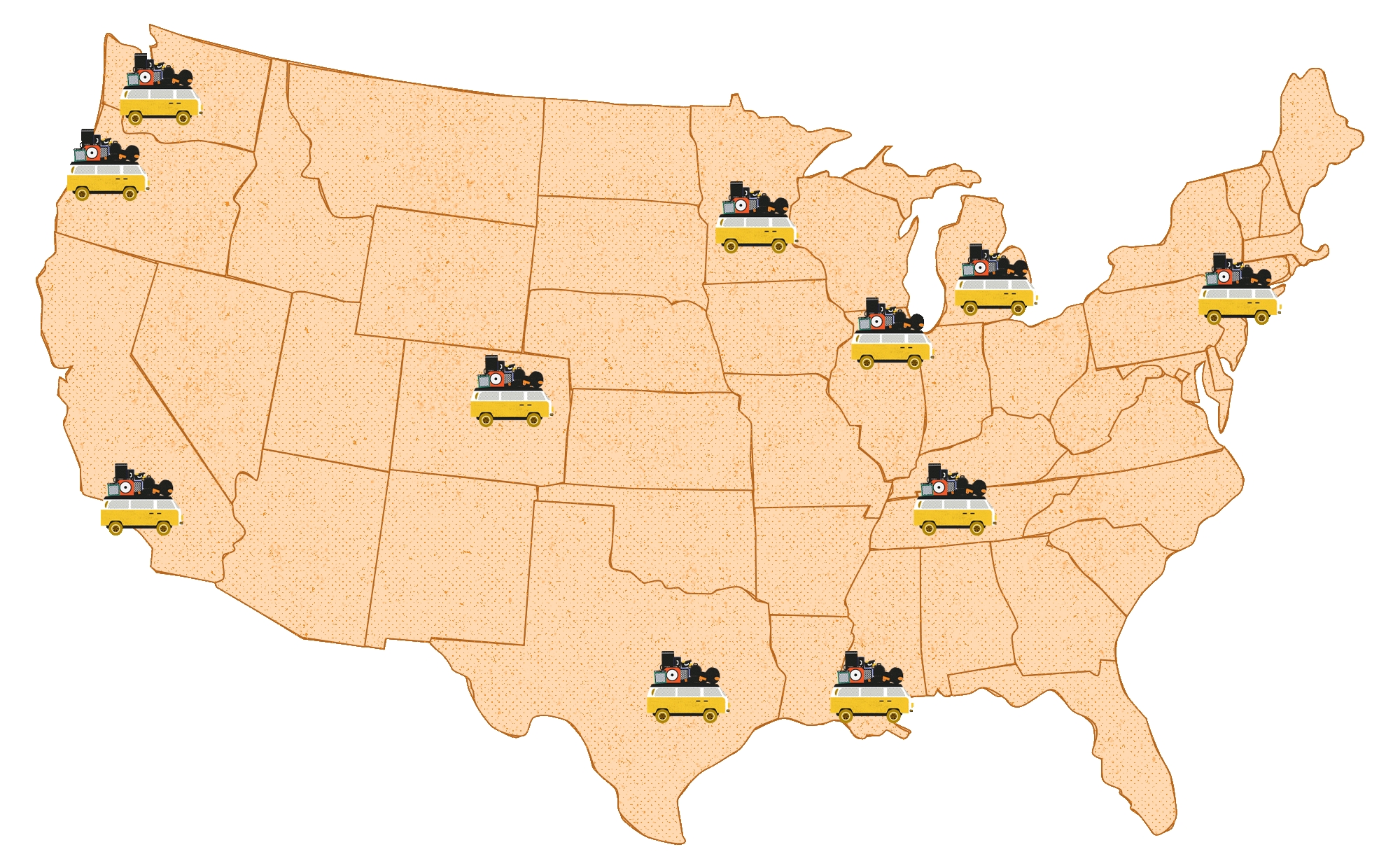 A map outline of the continental United States, with tour vans dotting major music markets