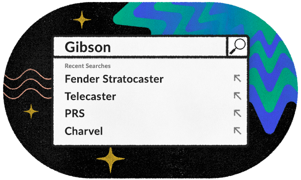 Search bar with Gibson, Fender Stratocaster, Telecaster, PRS, and Charvel as recent searches