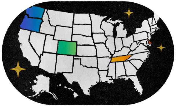 Map of the USA with Oregon, Washington, Tennessee, Colorado, and Deleware highlighted