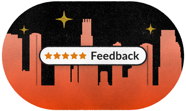 Los Angeles skyline with 5 star feedback