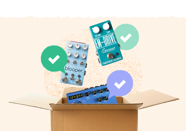 Image of someone playing a guitar and boxing up a pedal