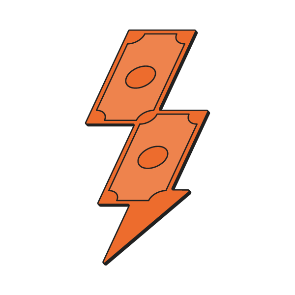 A lightning bolt composed of dollar bills