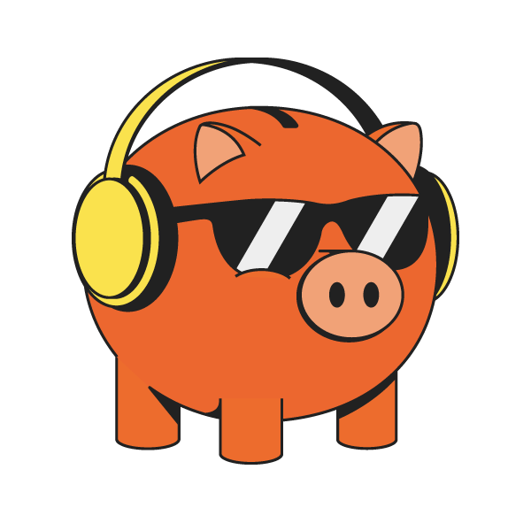 A piggy bank wearing headphones and sunglasses