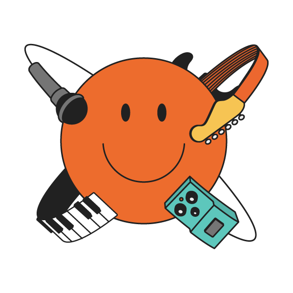 A collection of music gear circling around a smiley face